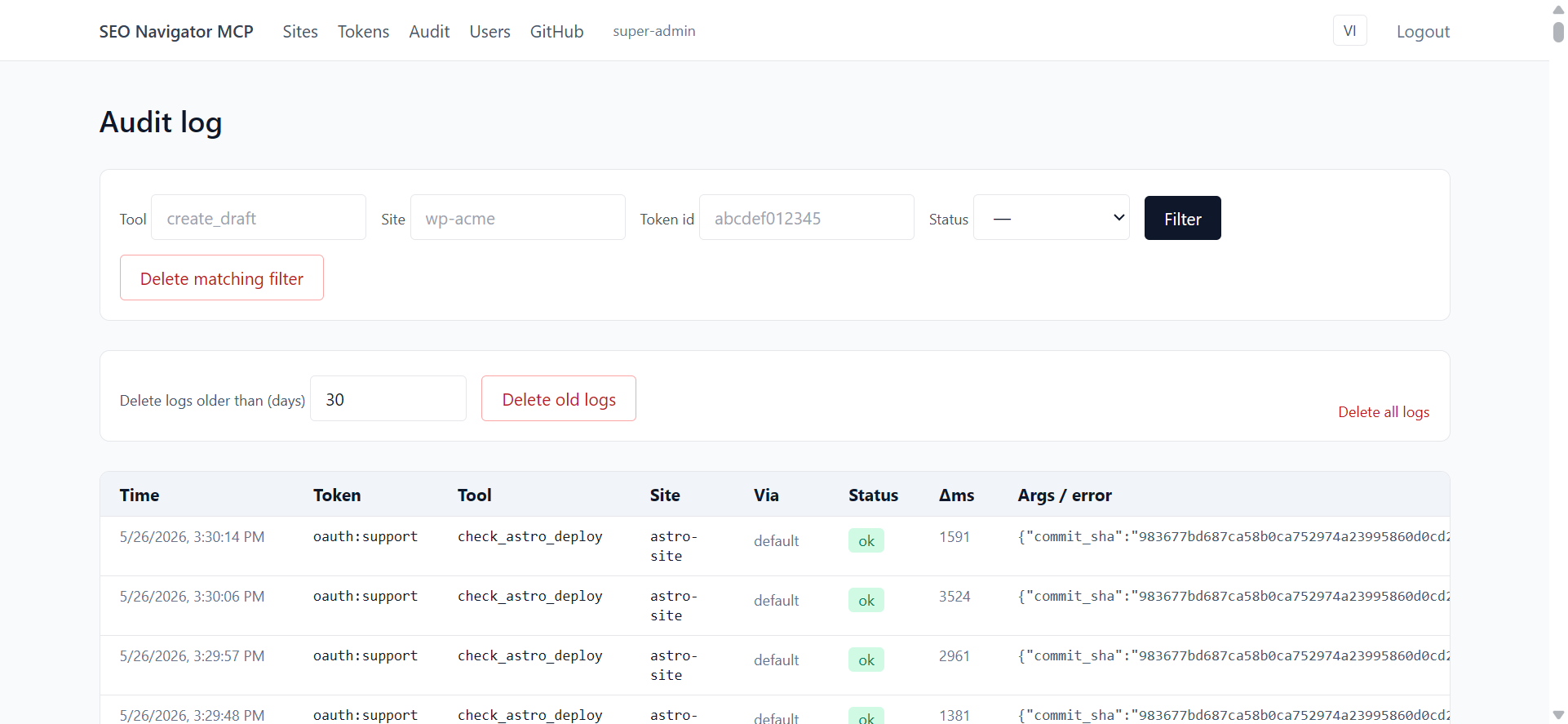 Audit log showing create_page_from_code entry