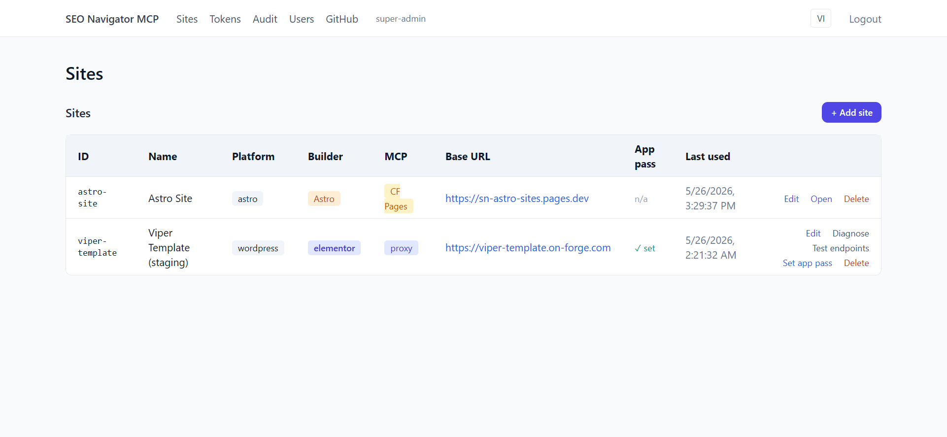 Admin Sites page with viper-template and astro-site rows