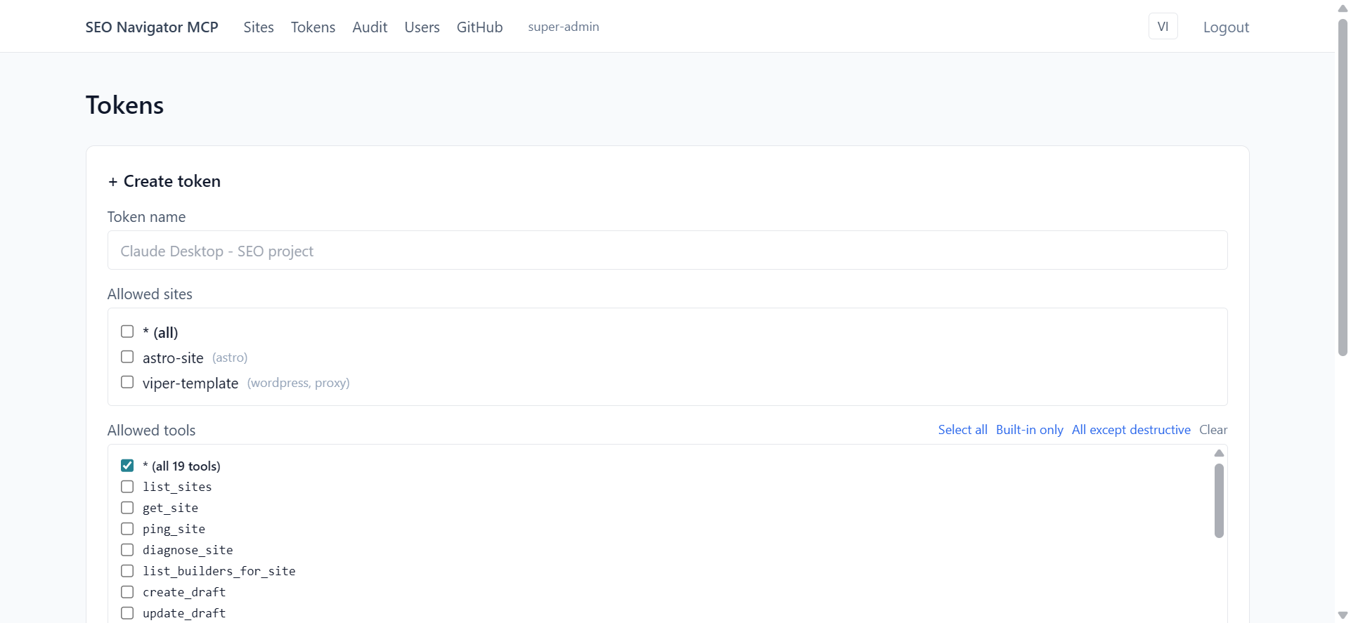 Tokens admin page with the just-created token visible